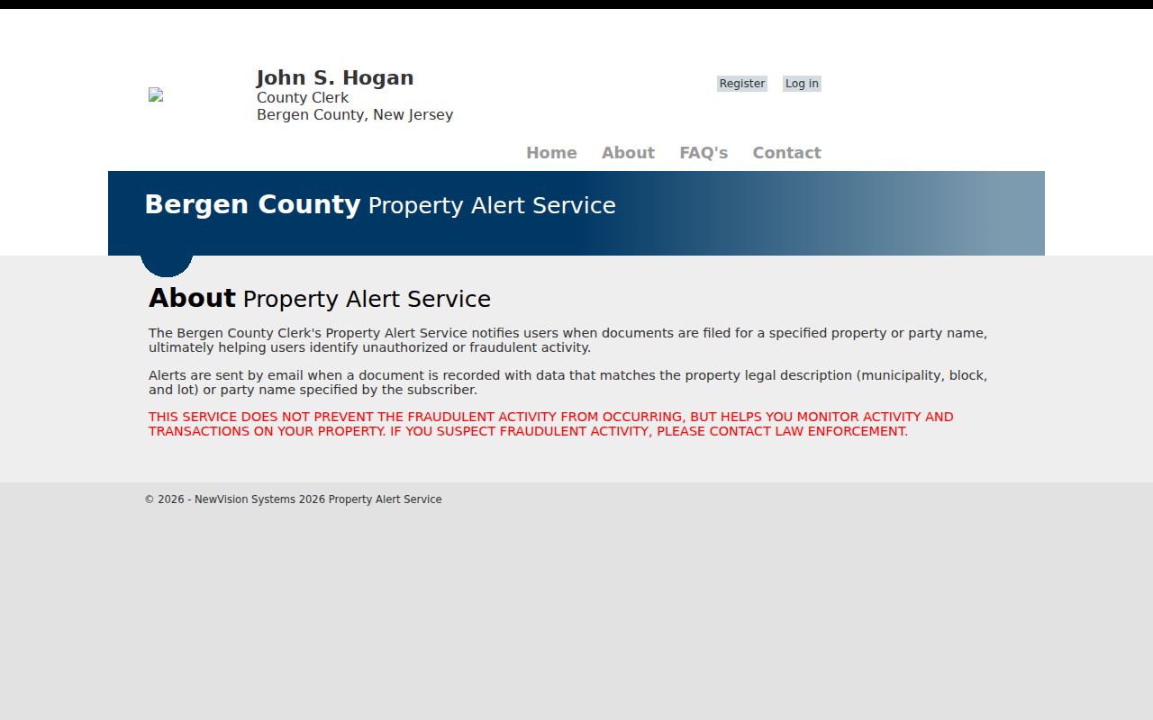 Bergen Property Alert page describing alert scope and registration
