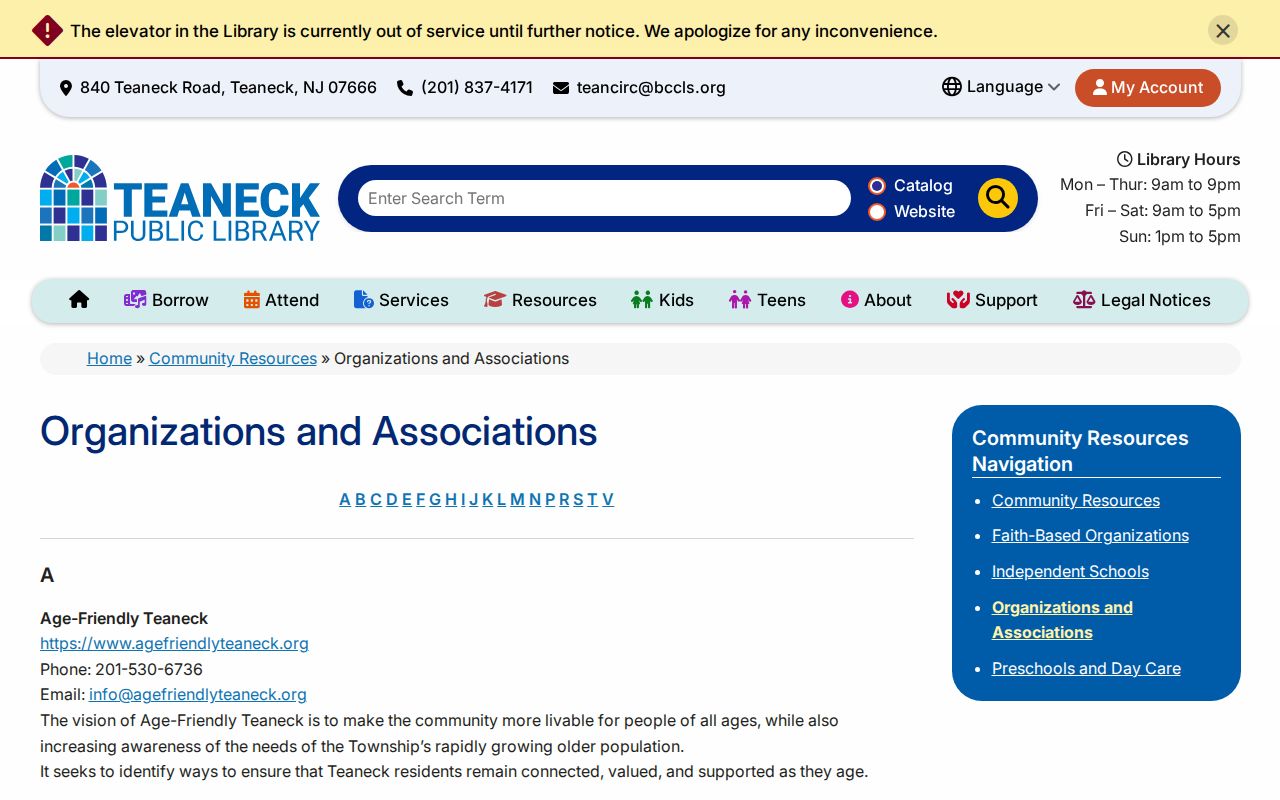 Teaneck Library public organizations and associations resource page