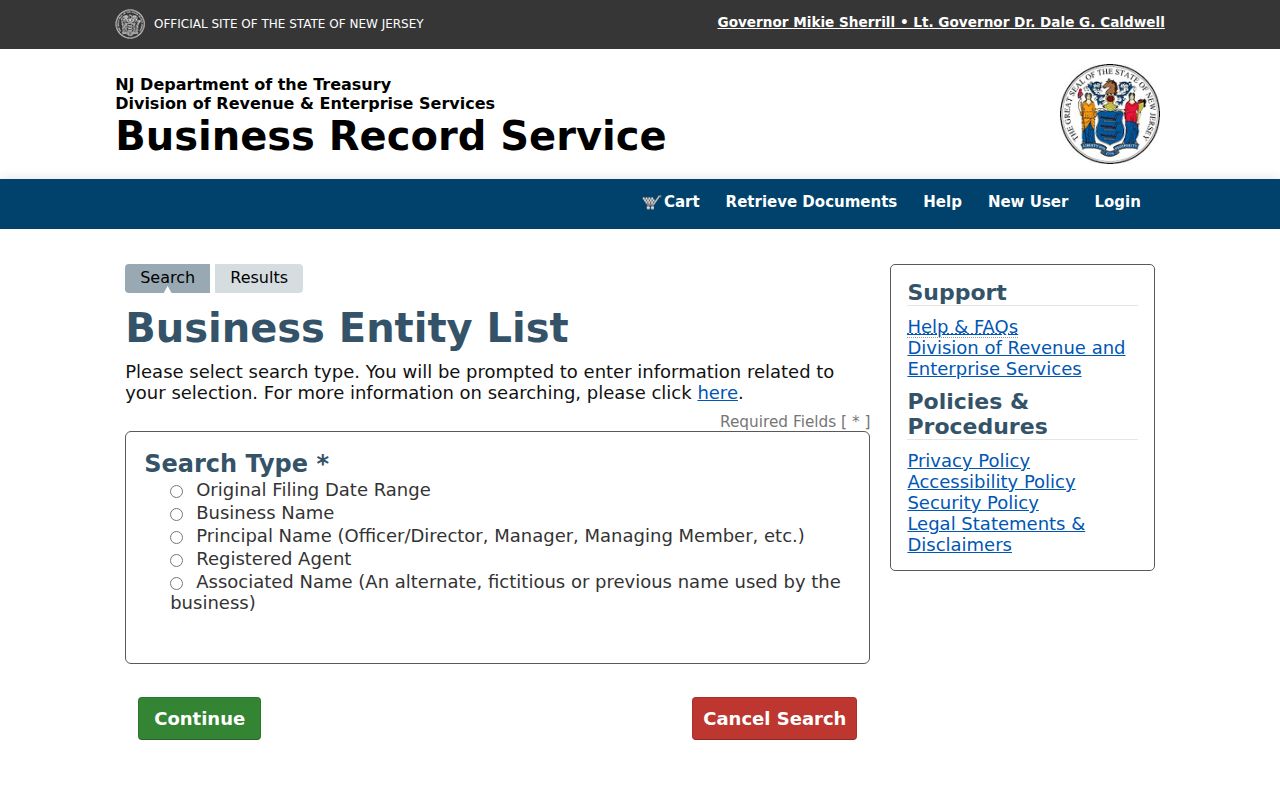 New Jersey entity-list search entry page