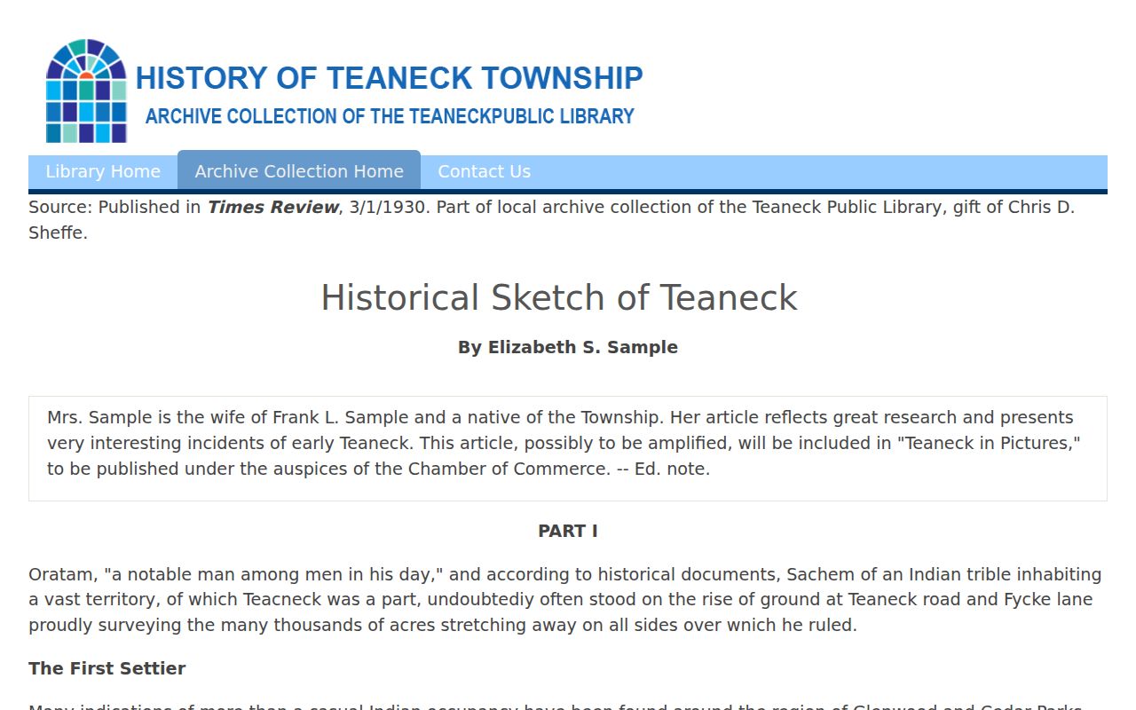 Teaneck previous residents address-history research in the 1930 Historical Sketch